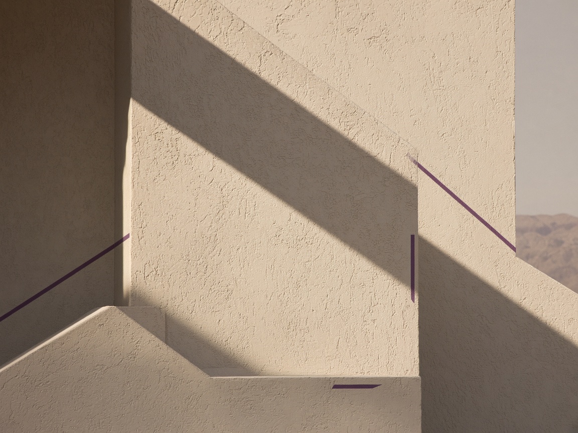 Sunlit stucco planes with soft plum accent lines